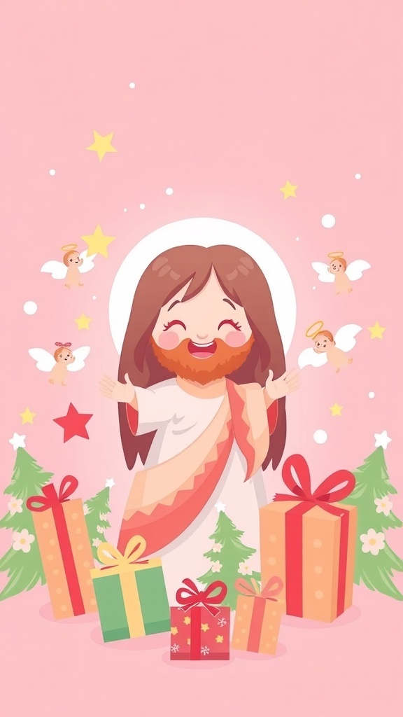 Cute pink Christmas wallpaper with Jesus, stars, and festive decorations.